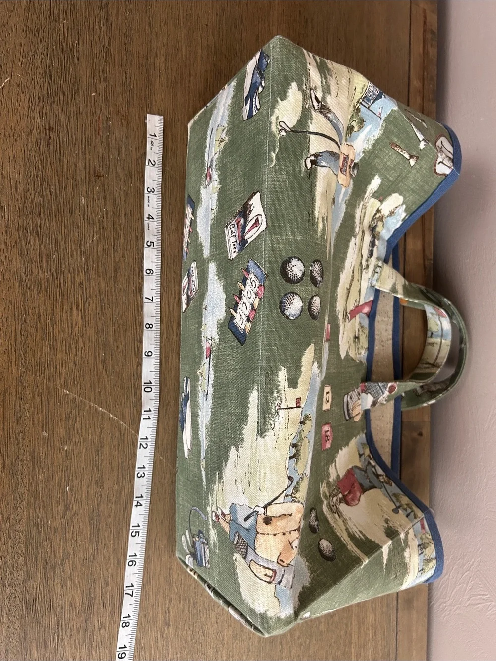 Vintage Handmade Toile Pattern Canvas Green Golf-Print Open Tote Bag.